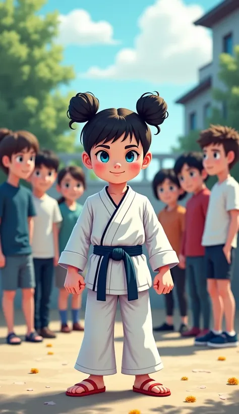 Mia (A cute, determined six-year-old girl with big eyes and double buns, wearing a white martial arts uniform,)stands alone in a schoolyard, her fists clenched and eyes downcast, while older s smirk and whisper behind her. The background shows a playground...