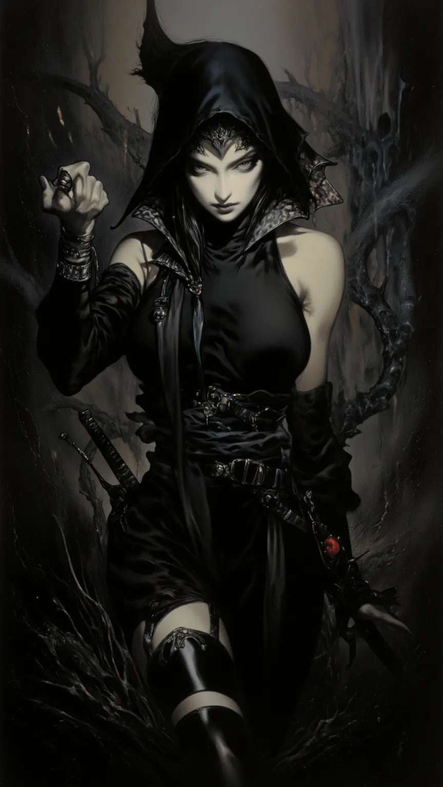 female ninja，full body, a sexy and powerful woman，With a mysterious temperament ，Wayne Reynolds draws，in a highly detailed and dynamic style, 