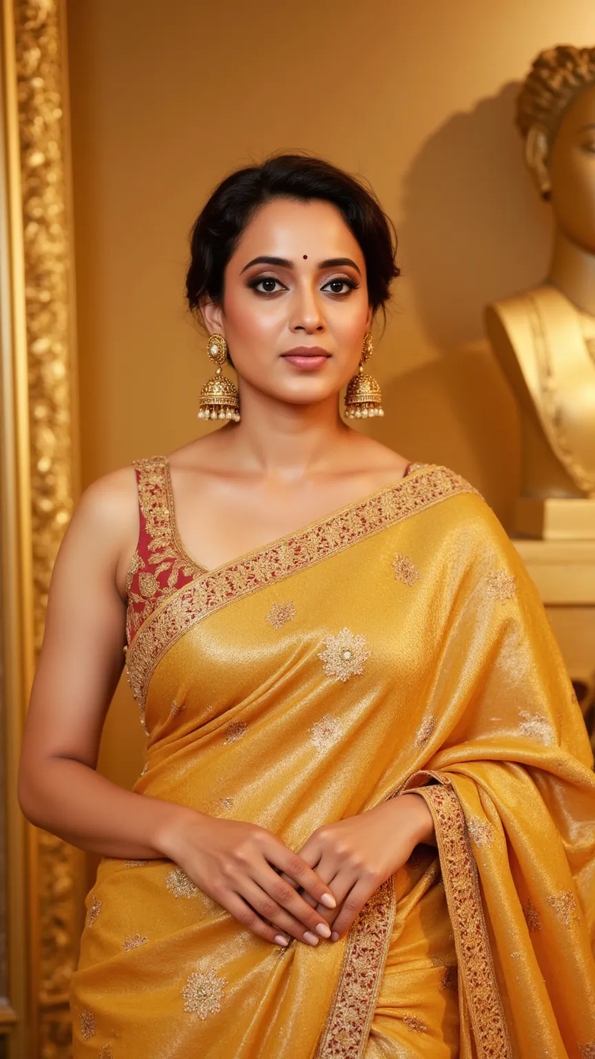 8k resolution Indian Golden jewellery, indian woman, brand ambassador wearing golden jewelleries and golden saree, golden showroom 