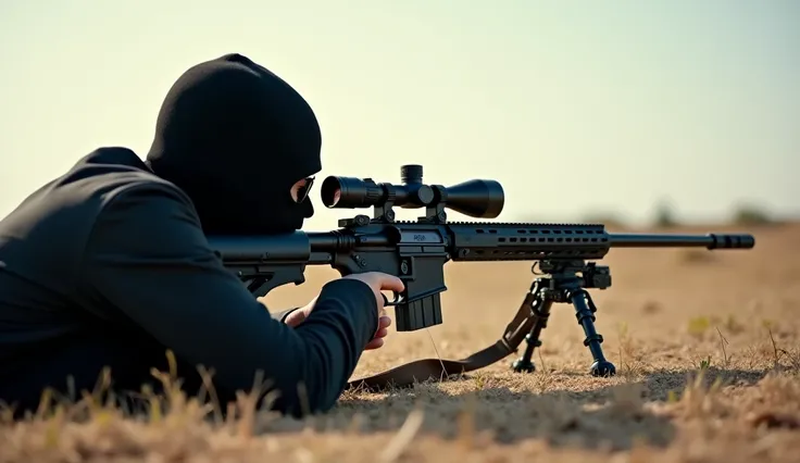 A sharp shutter who is waiting for the enemy by lying in the ground with a sniper gun. And the sniper gun is very long. That too in the registration. And this solder is in black dress. Who has also got his face covered. And the image view wide forward.