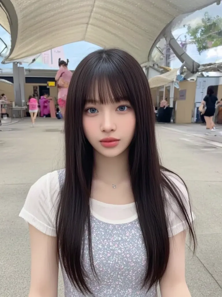 A kpop girl, long black hair, blue eyes, pretty, stunning, angelic beauty, casual, realistic, instagram post like, posing cutely , at a tourist area in Korea 