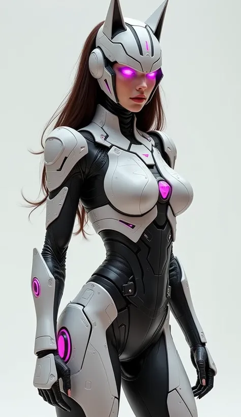 The image depicts a futuristic woman with light brown skin and long dark brown hair wearing a full-body armored suit with a sleek, angular design, primarily in shades of white and black with bright light pink accents. The armor features intricate panels an...