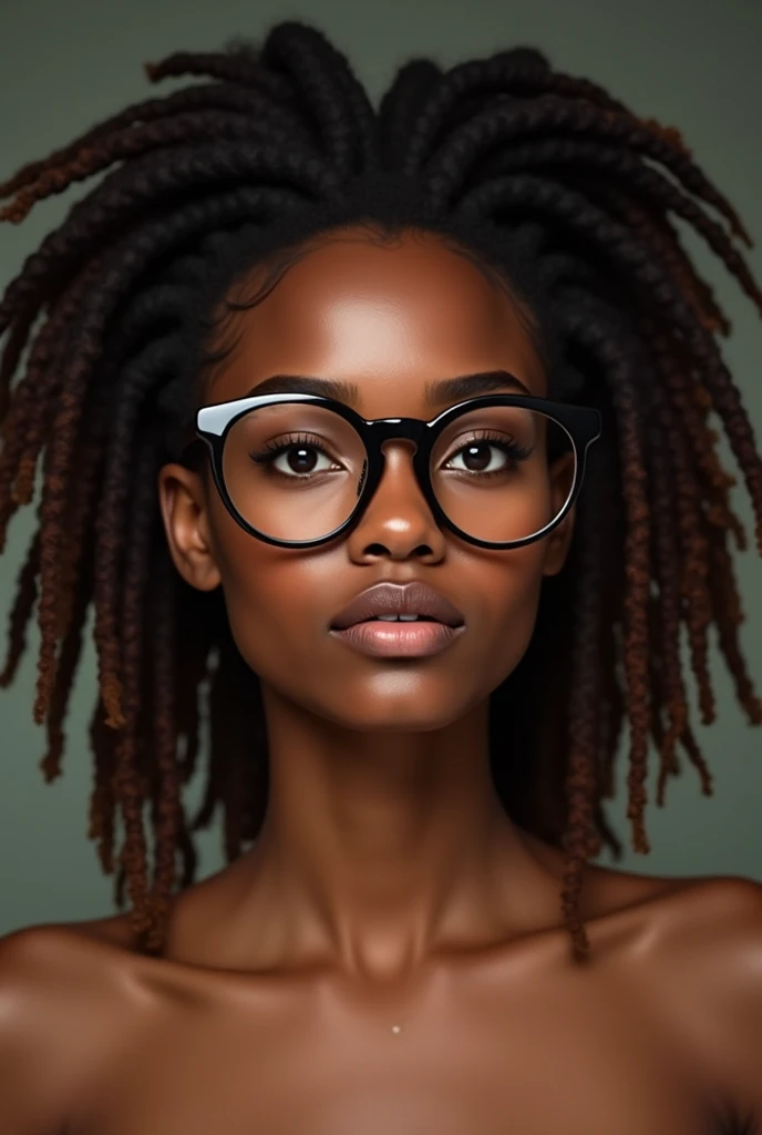 An African woman with a chestnut-brown complexion. She has a round face with a soft, youthful appearance but carries a quiet depth in her expression. Her eyes are dark brown, almond-shaped, and contemplative. Her equally full lips are well-defined and two-...