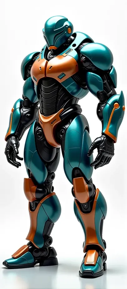 Generate a concept in IA，IA，half body，Mechas like Marvel's Hulk,  colored, petrol blue and rust armor, hi-tech cyberpunk helmet, technology，surreal, white background