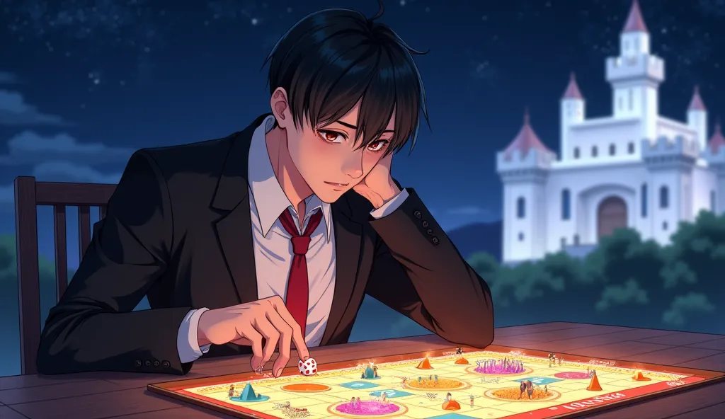 The anime illustration is bright and rich, A man with short black hair. He is dressed in a black suit , white shirt, red tie and black coat. he's sitting at a wooden table, the table is closer to us. He rests his head on his right hand, and with his other ...