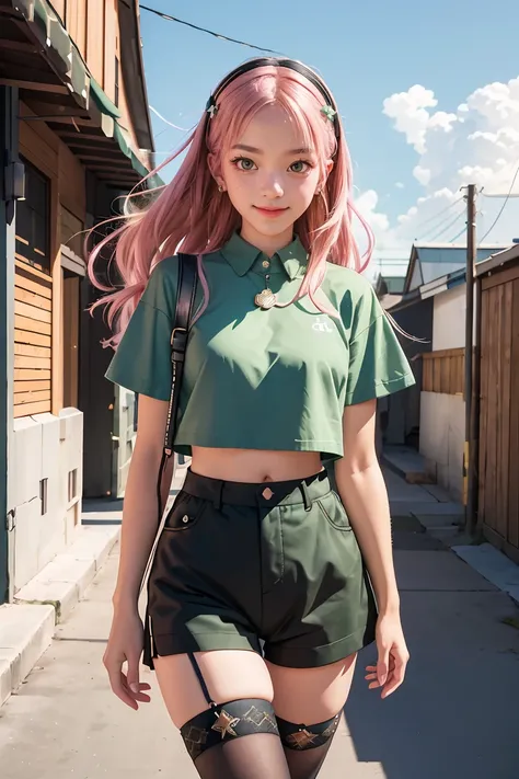 nicoledemara, nicole demara, (green eyes:1.5), pink hair, hair ornament, hair ribbon, hairclip, long hair, mole, mole on breast, mole on thigh, mole under eye, two side up, ribbon, smirk, smile, open mouth,
BREAK black footwear, black ribbon, black shorts,...