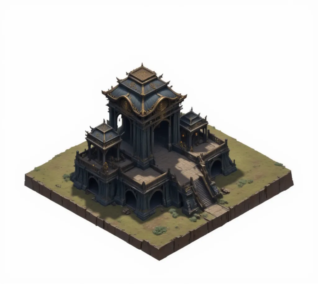 isometric building, isometric game feature, high quality art and no shading, great temple no shadows, isometric palace, ancient temple no shadow, temple, pre-rendered isometric graphic no shadow, no shading.