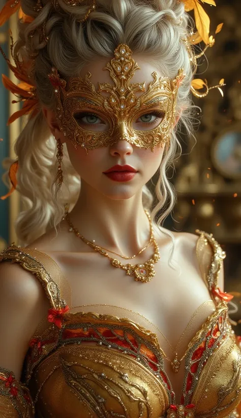 (Best quality, realistic, ultra detailed, UHD,  view from afar , looking at the camera), **"Marie Antoinette, radiant like a goddess, enveloped in pure luxury. her skin flawless, ivory-colored, delicately powdered, with a touch of rouge on the cheeks. her ...