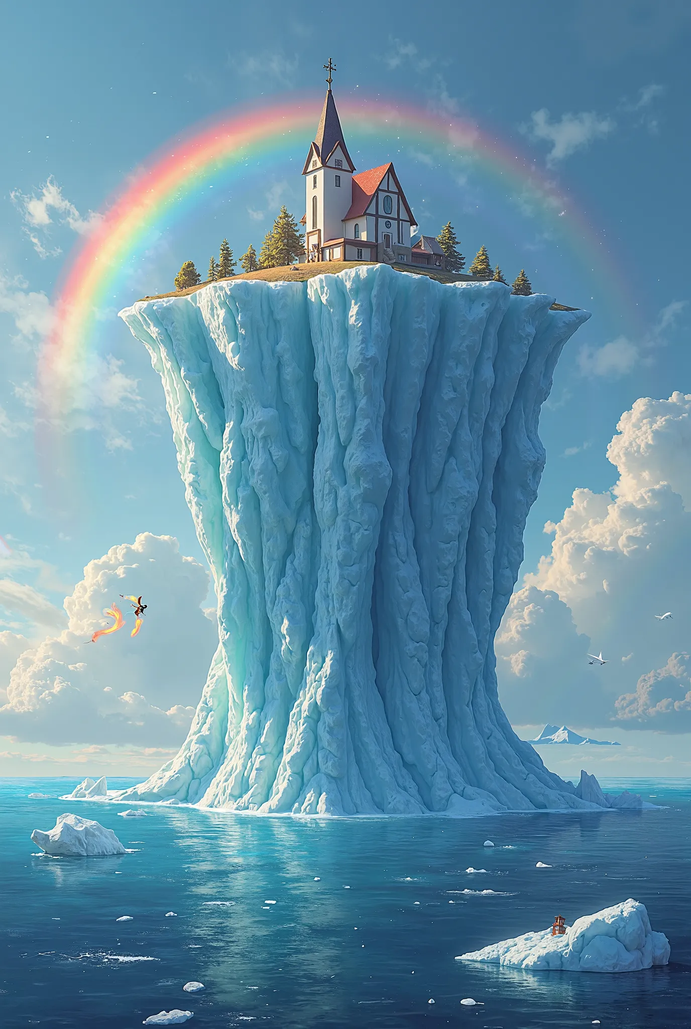 On an iceberg, behind it, a firebox, a rainbow, and a church on it.