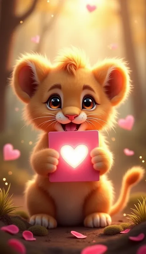 A cute, fluffy baby lion cub with expressive eyes and a joyful smile, holding a glowing pink card with a heart symbol. The background is a magical forest with warm golden and pink lighting, filled with floating heart-shaped lights and soft falling petals. ...