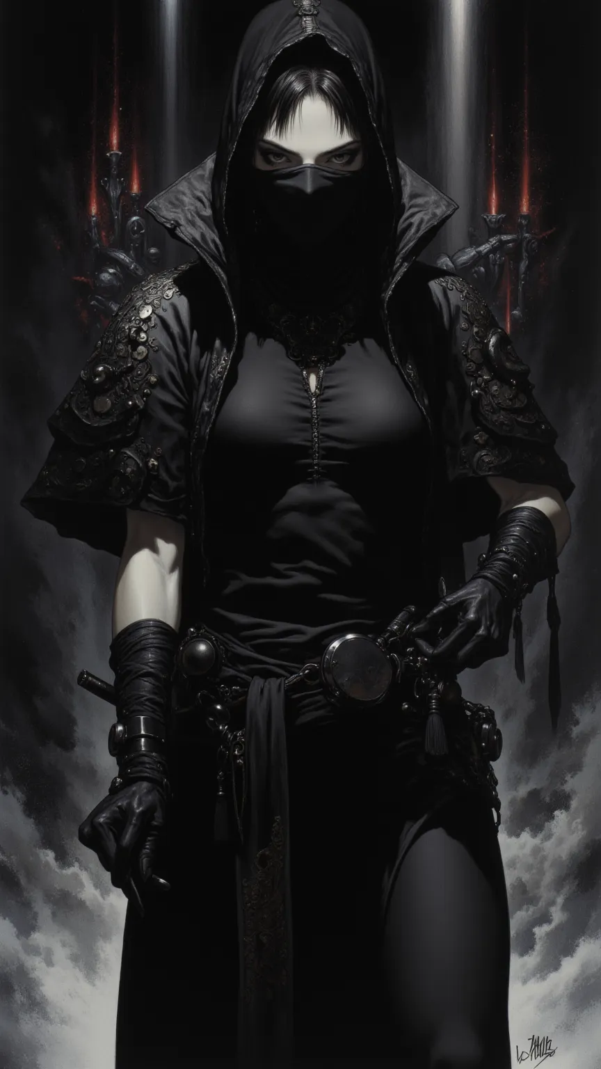 female ninja，full body, a sexy and powerful woman，With a mysterious temperament ，Wayne Reynolds draws，in a highly detailed and dynamic style, 