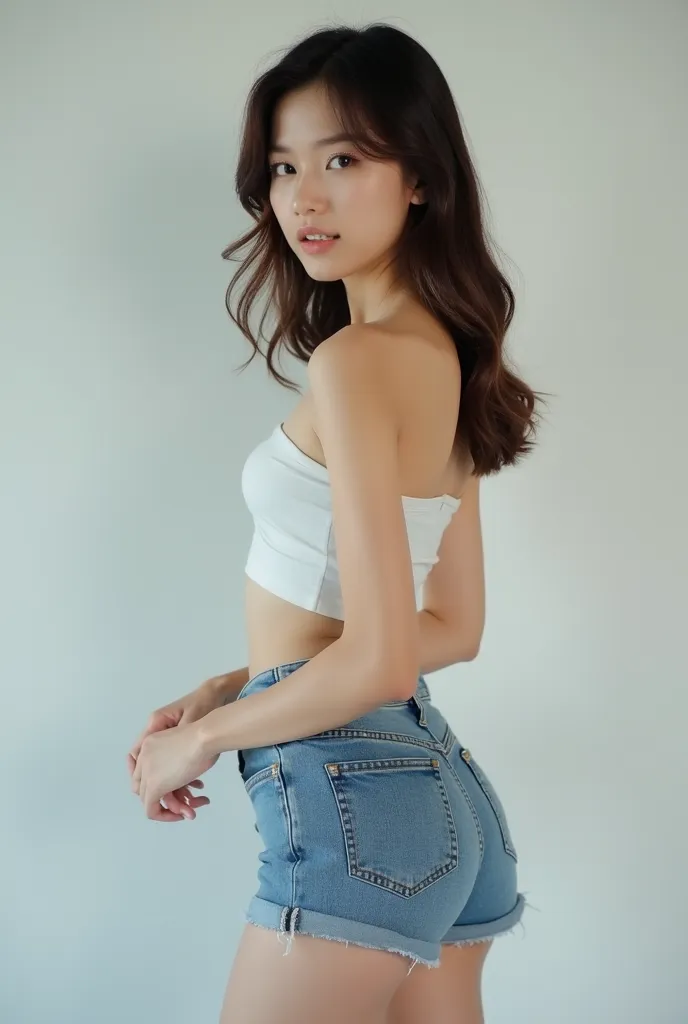 Korean girl in a short tubular strapless top and jeans shorts 