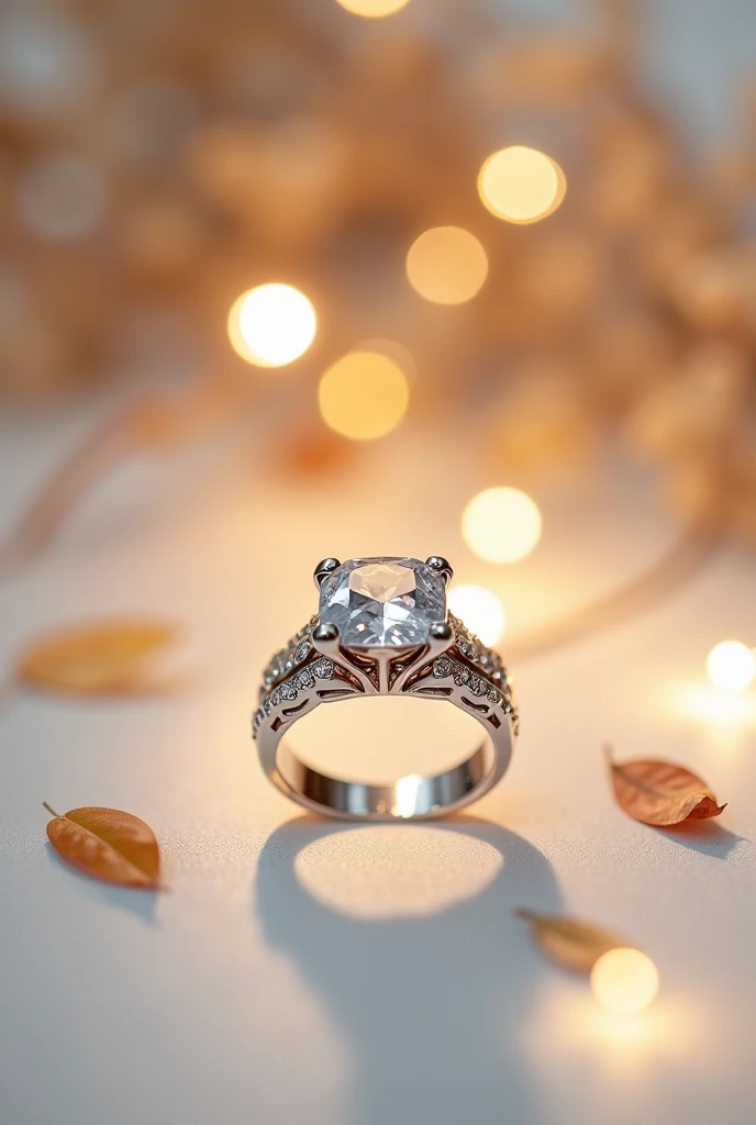 Ring photography in a photo studio, blurred background,  light colors, warm, blur, minimalist studio, dry leaves in the background