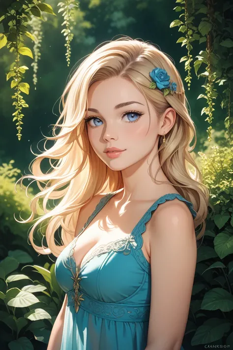 "a young woman with long, flowing blonde hair and blue eyes"