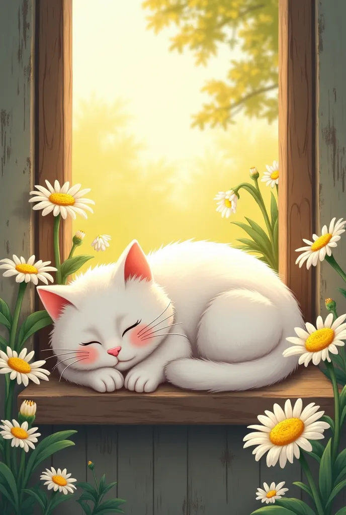 Photorealisitc Adorable chubby white cat napping on a rustic windowsill, surrounded by sunlit daisies, warm summer ambiance, ren's book illustration, soft textures, muted colors, by Beatrice Blue