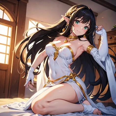 Full body portrait of a woman, Wearing a long white dress,, 1 anime girl,green eyes, sagitales, Golden Earrings ,Golden Necklace,long black hair,Curly hair, ((armpits with Miki)),smile,(((SMALLE BREASTS))),Expression of joy,jewelry, Pointed Ears, Brown wom...