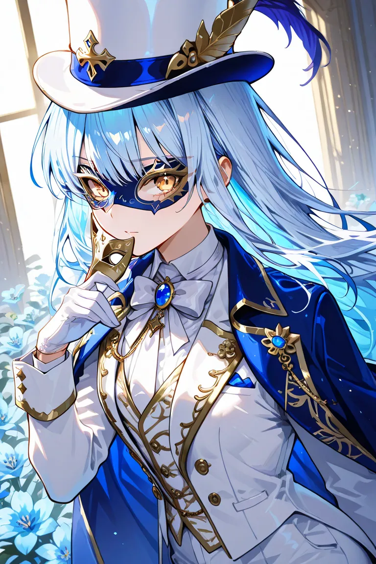 ((white colombino masquerade mask)), Azure Mistress, blue hair, white suit, white hat with golden stripes and blue flower on it, blue cape with blue flowers on shoulders, white gloves, blue amulet, golden accessories