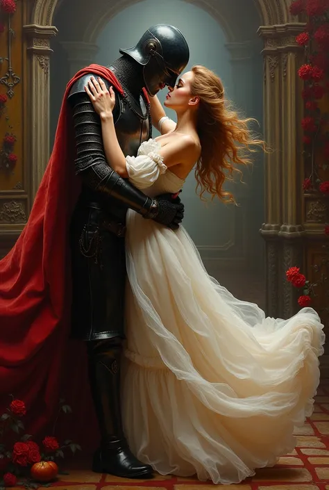 cool dark masked knight and beautiful woman in love dancing renaissance style painting 