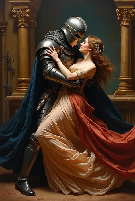 cool dark masked knight and beautiful woman in love dancing renaissance style painting 