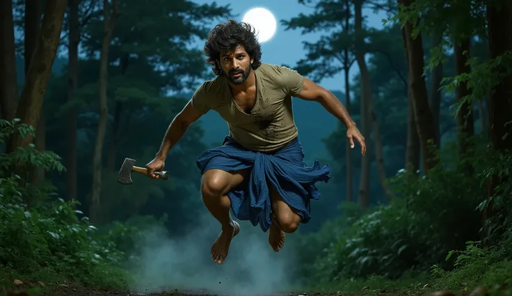 

"A rugged man with thick, wavy hair and a beard, resembling Allu Arjun as Pushpa Raj, captured mid-air in an intense side-view jump, holding an axe in one hand. He is wearing a blue lungi and a dirty t-shirt, with sweat and dirt on his face. The backgrou...
