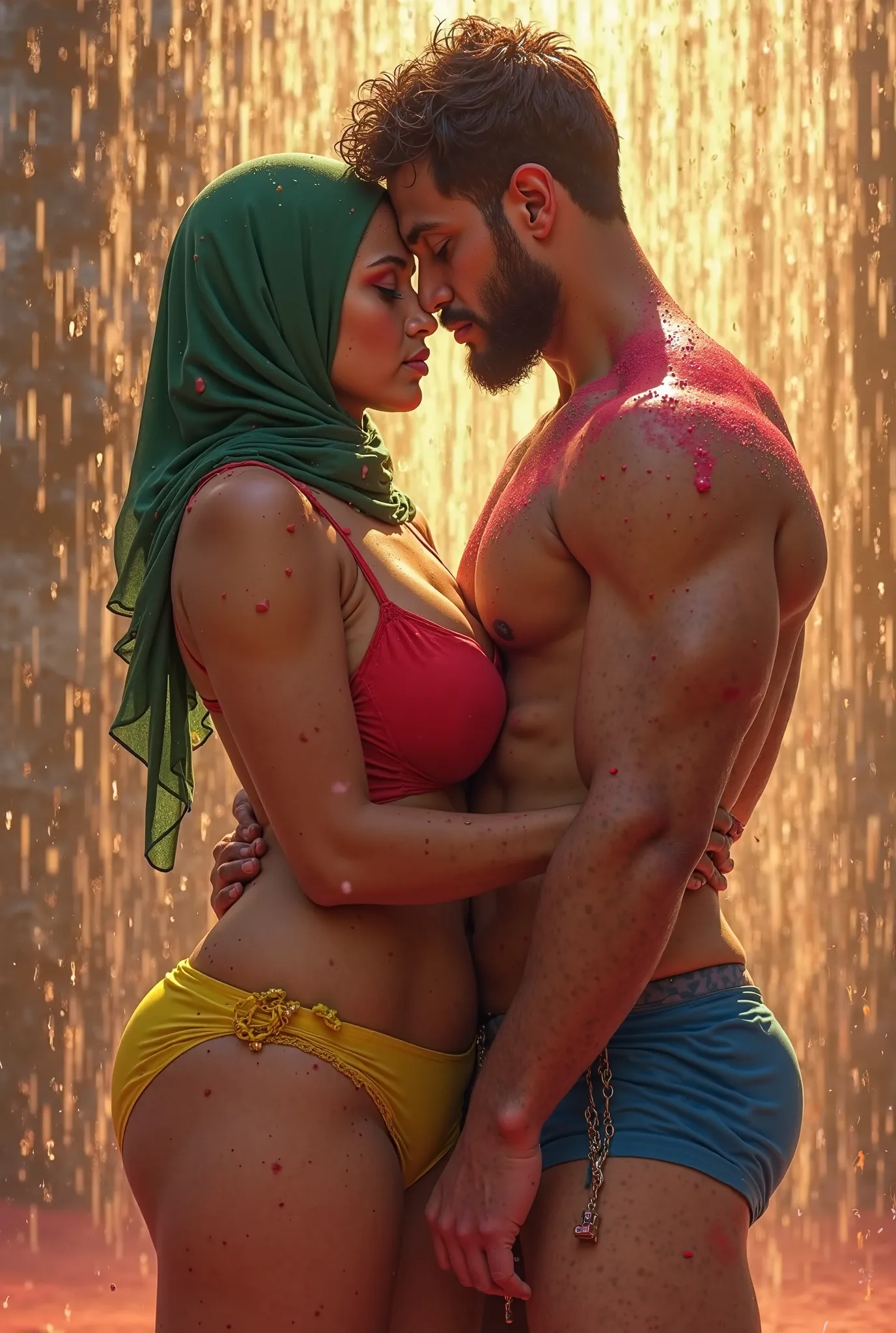 40 year plus size curvy muslim woman ( green hijab and red bra and yellow underwear)(big havy breast and hips) play holi with hindu shirtless man (oly blue underwear) hug backside (under shower)