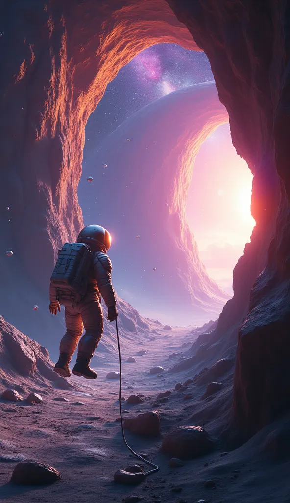 Create an extremely realistic and immersive image, captured from an external perspective, showing an astronaut floating in orbit near the entrance of a massive space cave. The astronaut is wearing a highly detailed spacesuit with metallic reflections and r...