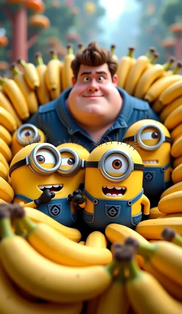 Create a Minions and behind it the Gru con Banana surrounding the movie Despicable Me