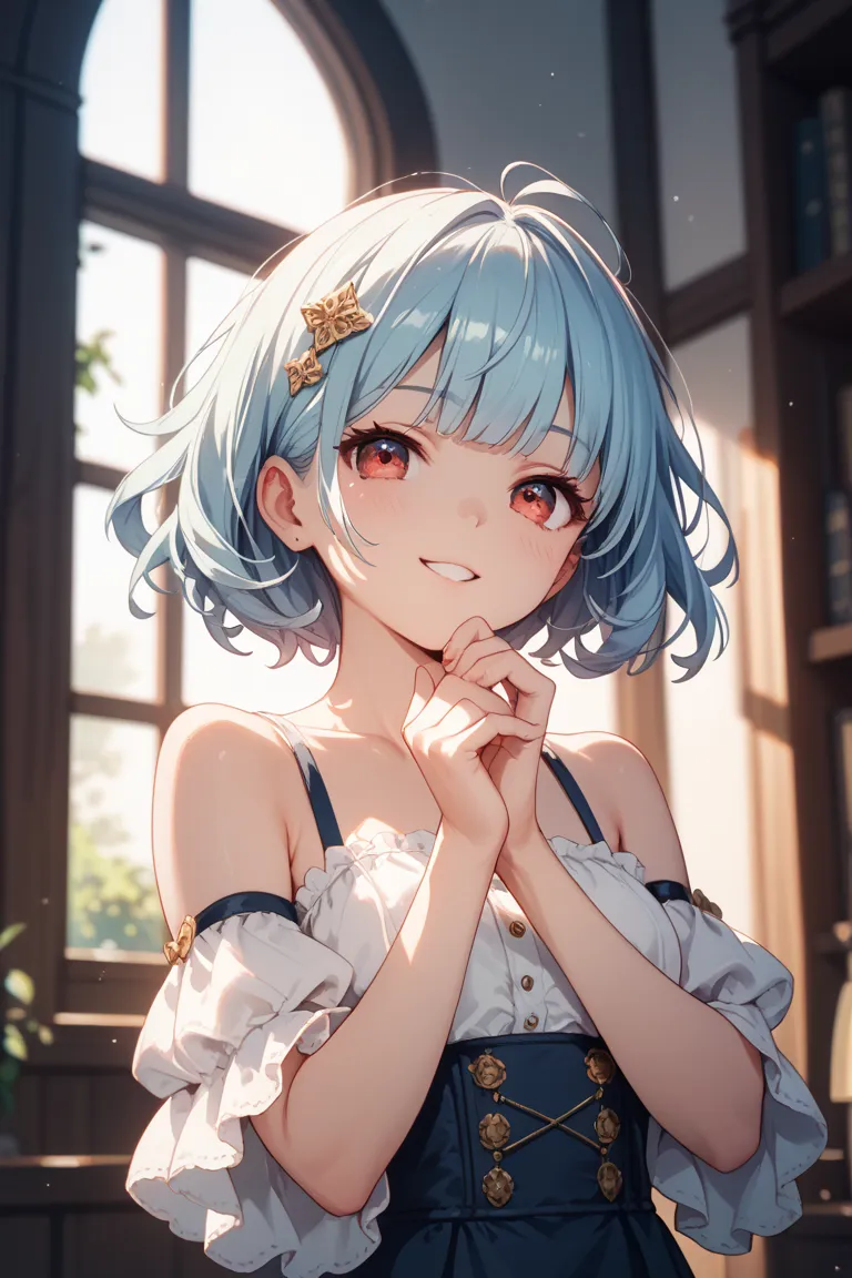 An illustration of a petite girl with blue bob hair and red eyes striking a cute pose. Also, try to make her face look like a mischievous girl.