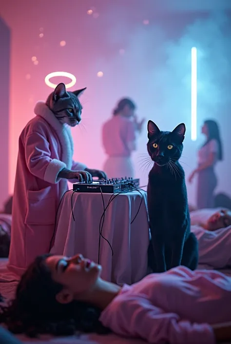 In a mystical and vibrant atmosphere, x} two anthropomorphic feline figures lead the scene.  on the left, a gray DJ cat with human features, dressed in a modern pink white Santa robe and a halo of light floating above her head, mixes immersive rhythms on t...