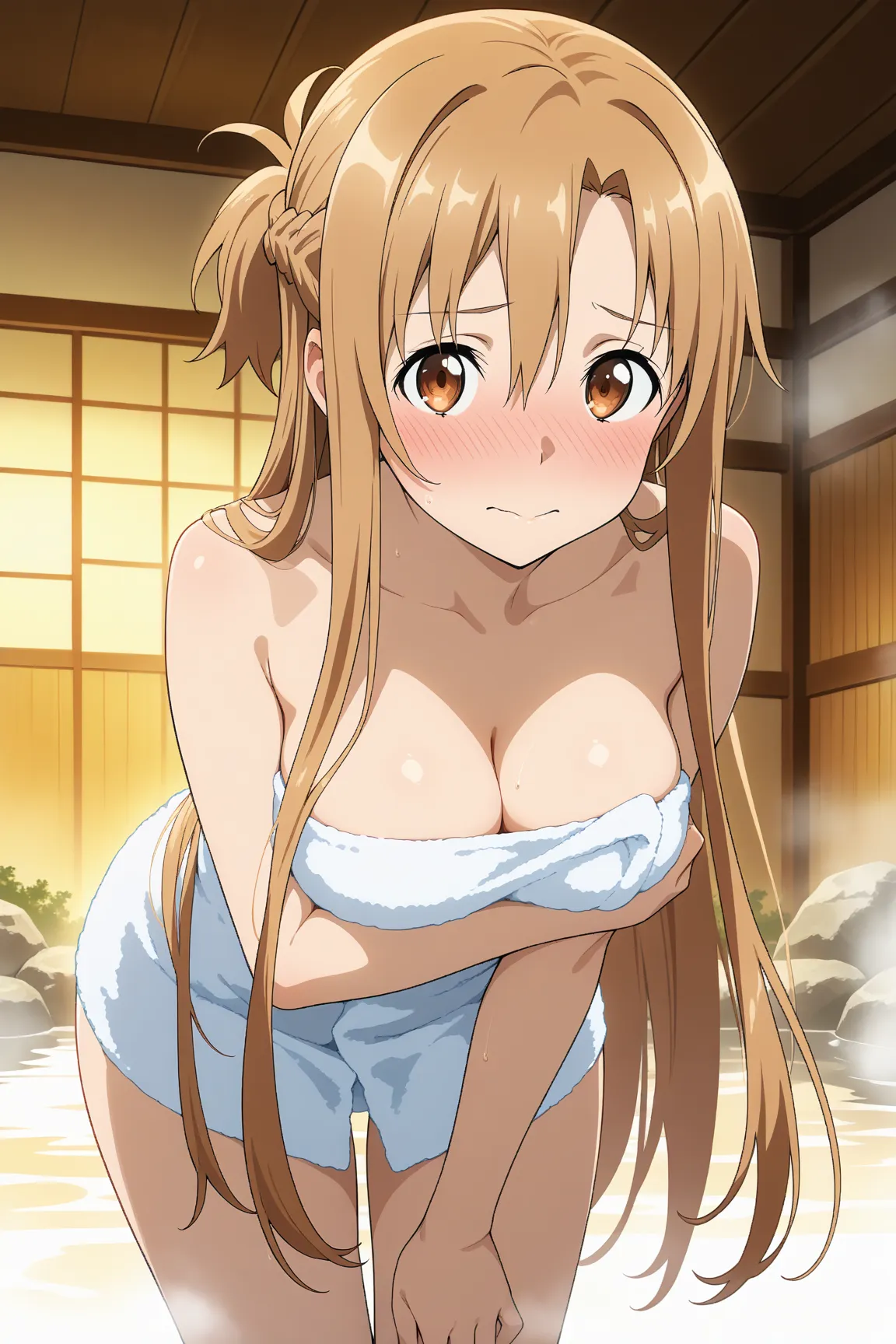 masterpiece,best quality,{{detailed beautiful face and eyes}}, very detailed background,
Yuuki Asuna,long hair,brown hair,bangs,hair between eyes,sidelocks,braided side,brown eyes,medium breasts,
((naked towel)),cleavage,
1girl,(is embarrassing,big blush,c...