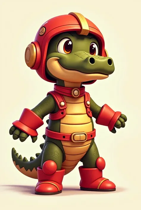 Generate me a picture of a cute cartoon brown crocodile wearing a red helmet, red suit and kneepads