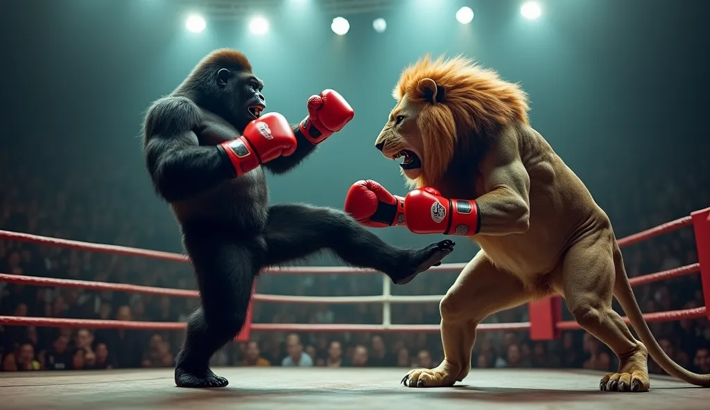 "A muscular gorilla wearing red boxing gloves is mid-air inside a professional boxing ring, delivering a powerful kick toward a fierce lion. The lion, also wearing red boxing gloves, braces for impact with a focused expression. The bright spotlights shine ...