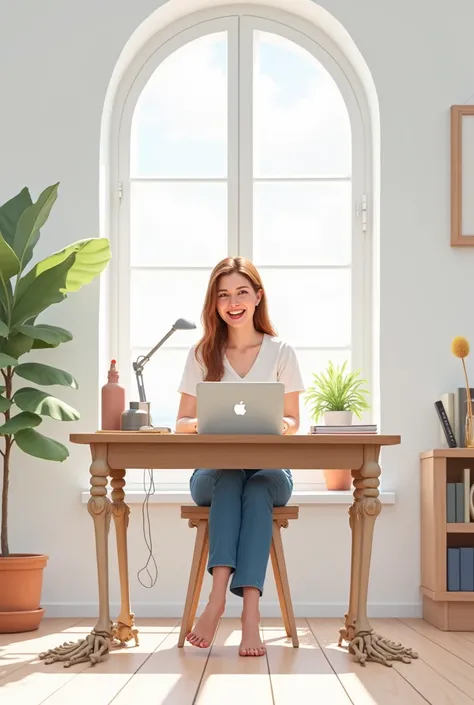 a woman in her thirties sits at a desk. legs of the table in the form of a skeleton. the woman looks around proudly and cheerfully. The walls of the room where the woman lives are white. 