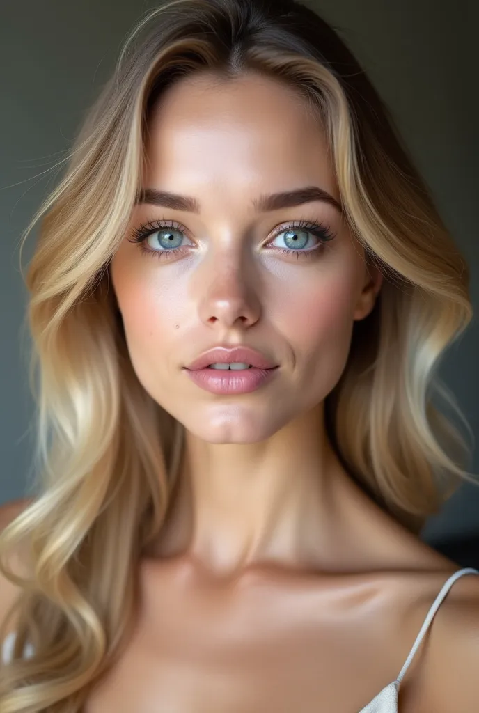 She's 19 years old caucasian woman. She has a symmetrical, oval-shaped face with high cheekbones and a softly tapered chin. Her skin is smooth, clear, and has a natural, healthy glow. Her eyes are a striking shade of blue, large and almond-shaped, framed b...