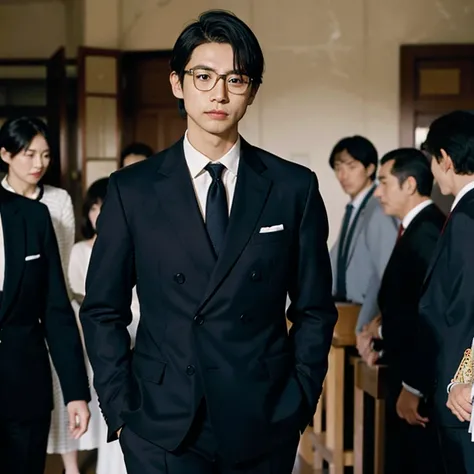  1980s, Japanese, 20 years old, Yutaka Takenouchi, 1 person, I'm wearing a navy double breasted suit with wide shoulders, thick navy slacks, red tie, black service shoes, holding a cigarette, accurate, Anatomically correct,  black hair, all back hair, Shor...