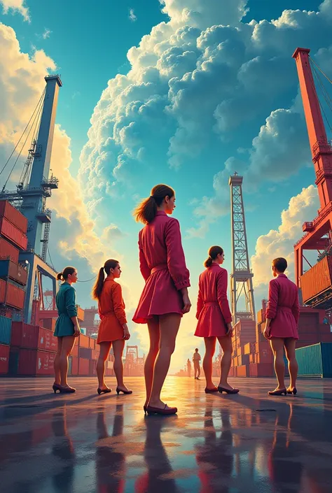 Create an image that expresses the work of women in logistics and represent it with attractive images like a world, with container ships and logistics