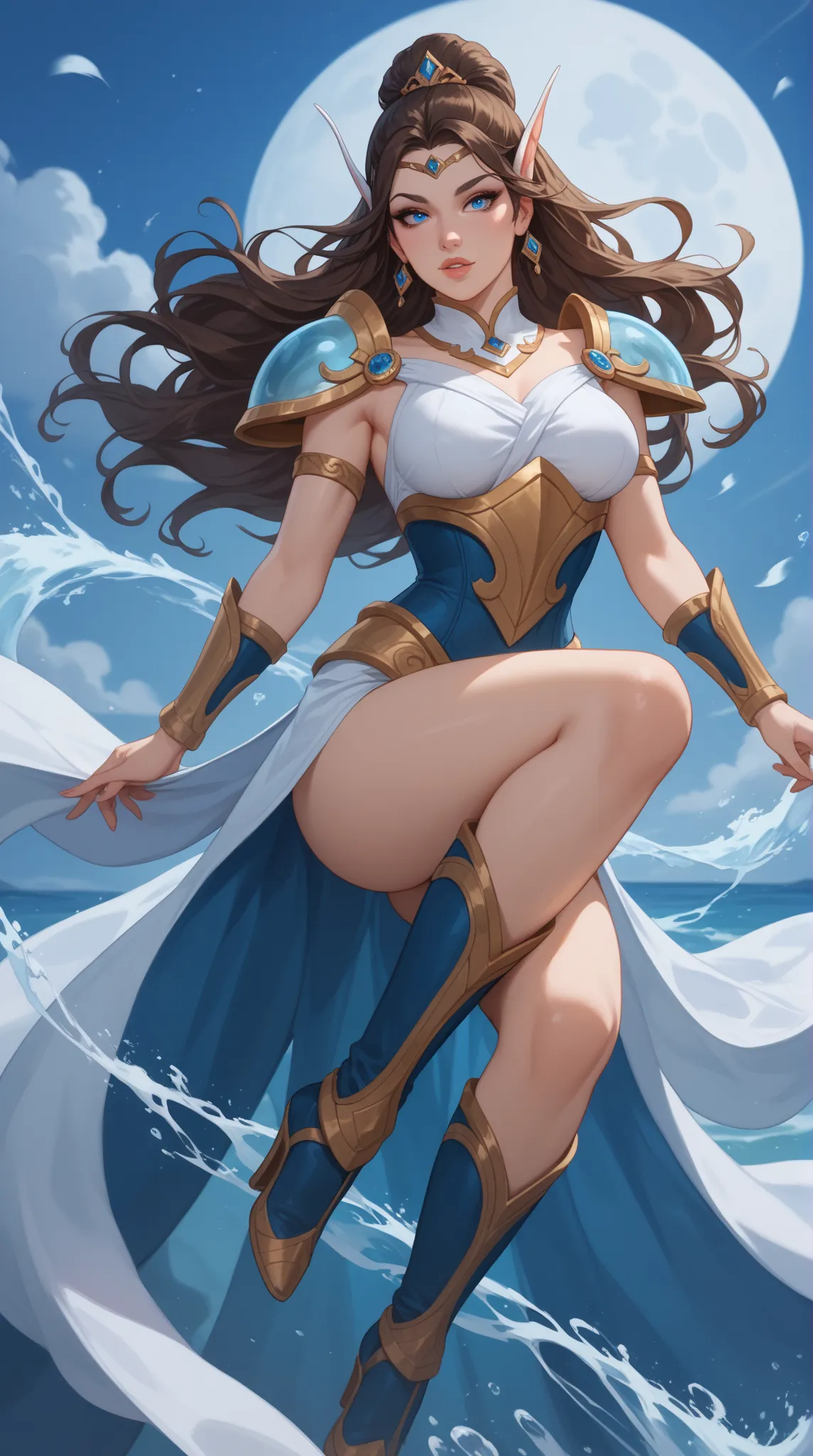 Mirana from Dota 2 has long, flowing dark brown hair, often cascading over her shoulders and down her back in soft waves. She has piercing blue eyes that reflect both wisdom and determination. Her facial features are sharp yet elegant, with high cheekbones...