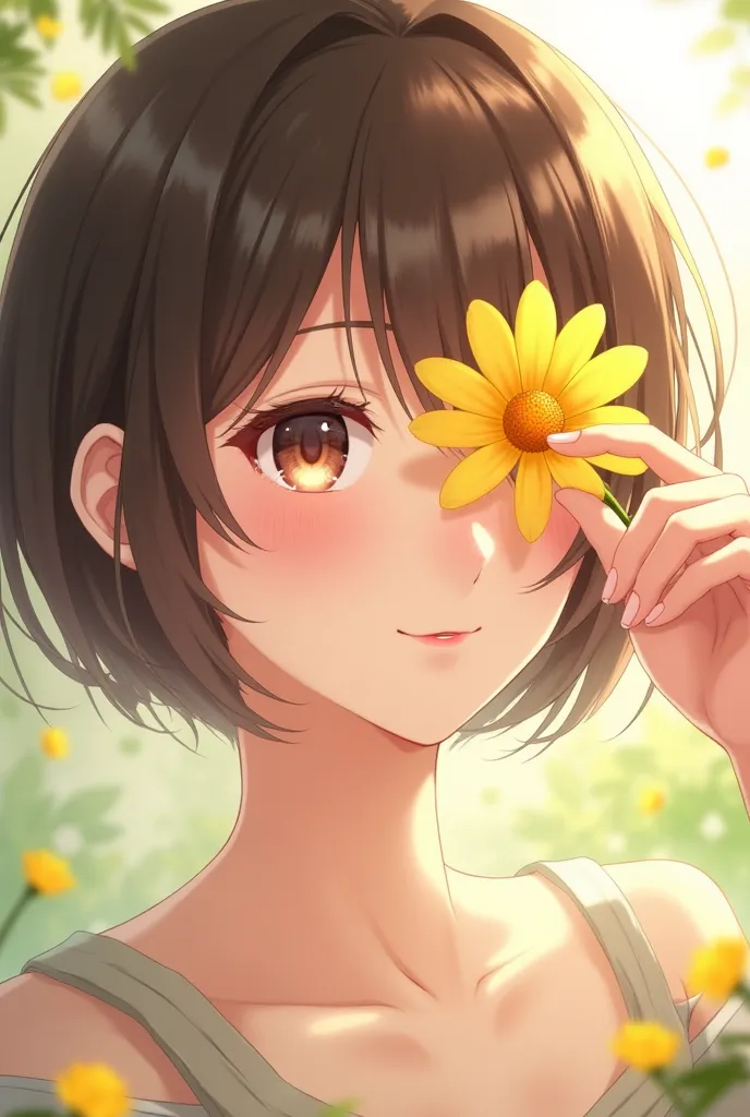 ager holding a yellow flower putting it on her right eye smiling realistic anime type