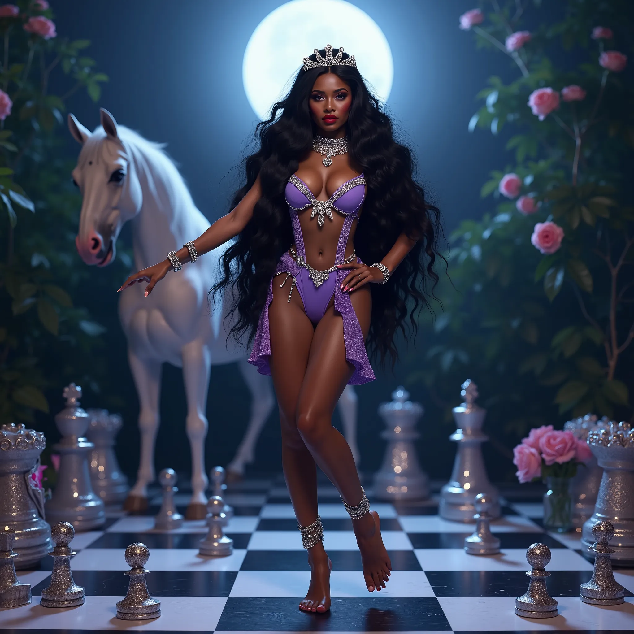  brownskin/darkskin girl with very long wavy black hair dancing on a chess board under the full moon, lavender unique sexy 2 piece, diamond jewelry, diamond tiara, diamond body chains, barefoot, glowing skin , peonies, big breast, curvy thick hips, face di...