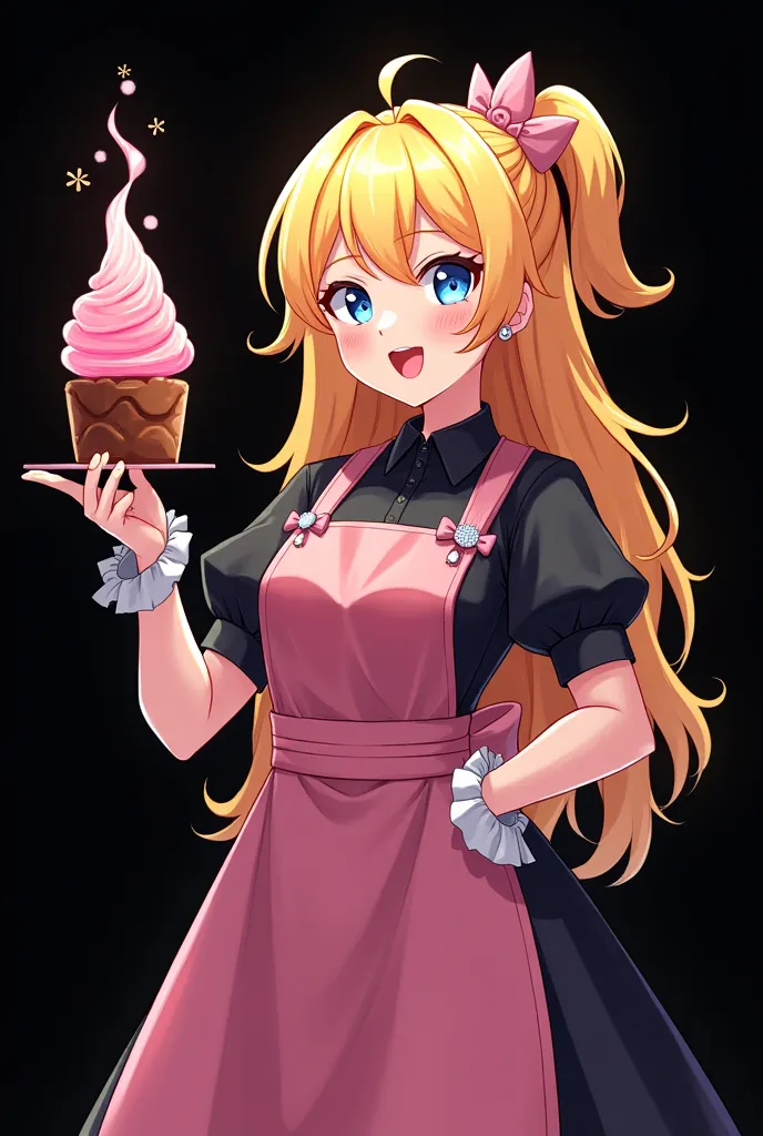 Cheerful digital illustration with blond hair, blue eyes, wearing professional confectionery clothing in black and pink, with a confectionery stream in hand, on a full-body black background