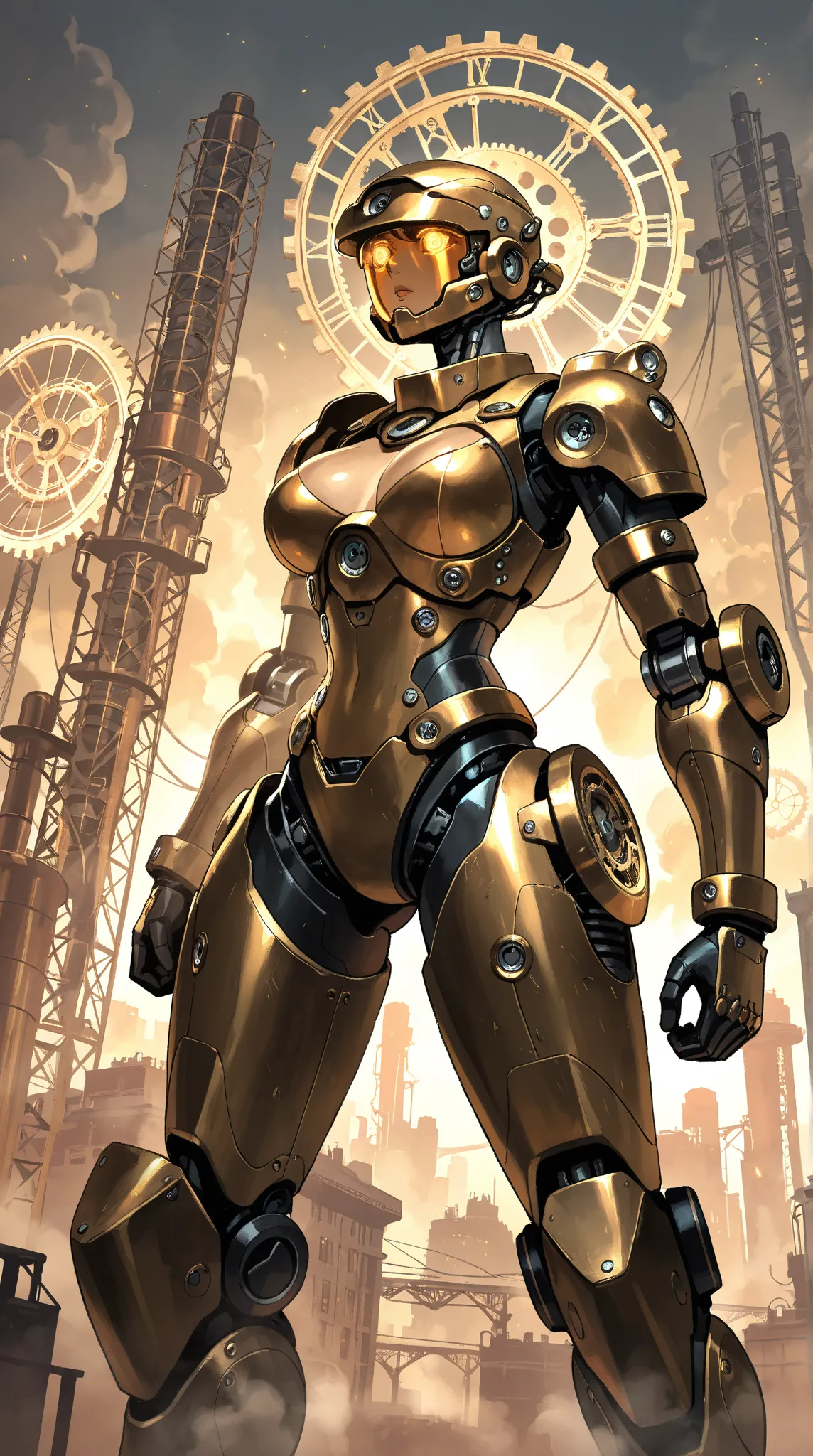 masterpiece, best quality, ultra-detailed, high-resolution, steam-powered city, industrial revolution style, woman in mechanical armor, glowing gears and cogs, copper pipes, steam clouds, intricate clockwork, gold and silver details, smokey atmosphere, mys...