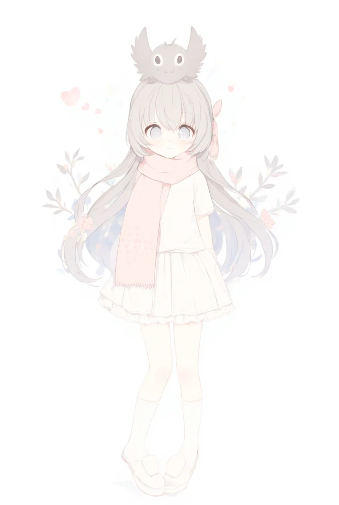 a portrait of a cute and slim anime girl with long grey hair, there is a small and grey and cute crerature on her head, it has no legs or hands with its big white eyes and black pupils. She wears white t-shirt with white slippers and a short white skirt. H...