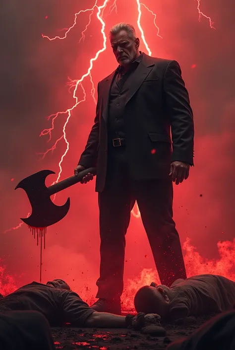 A big and muscular 40 year old man stands over the s with a guitar-shaped axe in his hand. blood dripping from the tip of the ax. red lightning flashes in the air. bodies lying on the ground were shattered. the guy is wearing a black suit. 