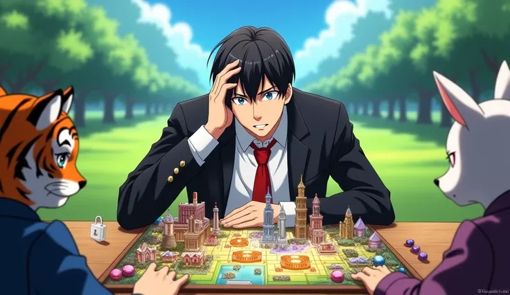 The anime illustration is bright and rich, A man with short black hair. He is dressed in a black suit , white shirt, a red tie and a black coat. He's sitting at a wooden table, the table is closer to us. He rests his head on his right hand, and with the ot...