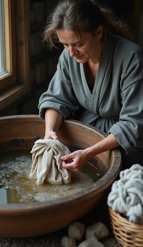  Scene Description: A woman washing clothes in a wooden basin, using dirty water and ash. The clothes are stained and faded. next to, a pile of dirty clothes.

angle: Close-up of the woman's hands and the basin.

personagens: Woman in gray robe, with tied ...