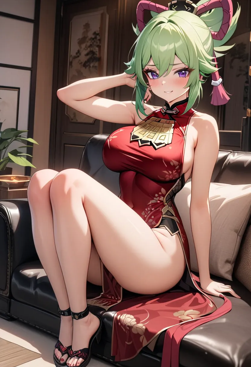 8k, masterpiece, best quality, ultra detailed, Ultra-high resolution, Highly detailed CG, break, 1girl, Kuki Shinobu\(genshin impact\), kawaii, nsfw, big breasts, slender, light green hair, (Cheongsam:1.2), full body, indoors, sitting on sofa
