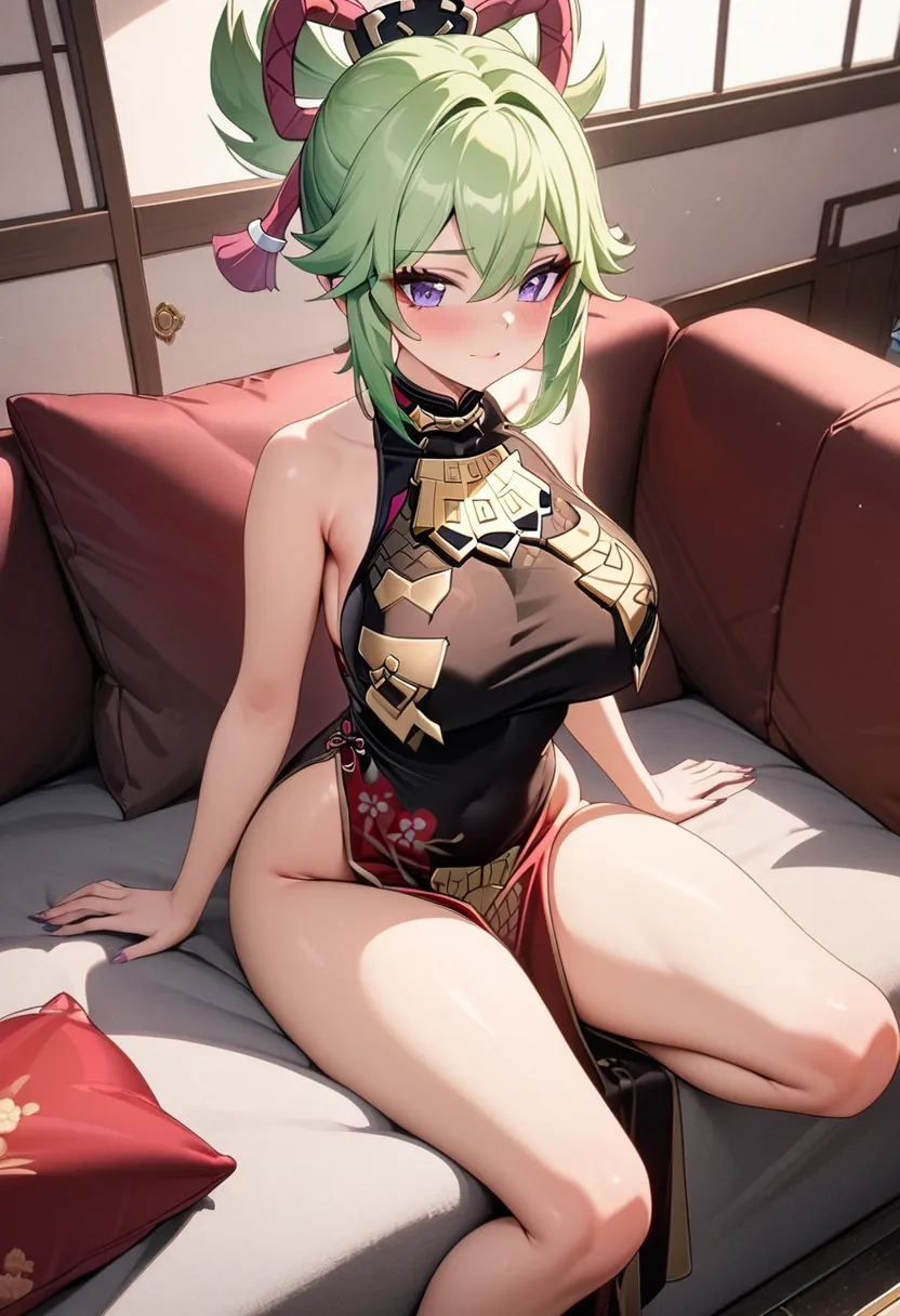 8k, masterpiece, best quality, ultra detailed, Ultra-high resolution, Highly detailed CG, break, 1girl, Kuki Shinobu\(genshin impact\), kawaii, nsfw, big breasts, slender, light green hair, (Cheongsam:1.2), full body, indoors, sitting on sofa
