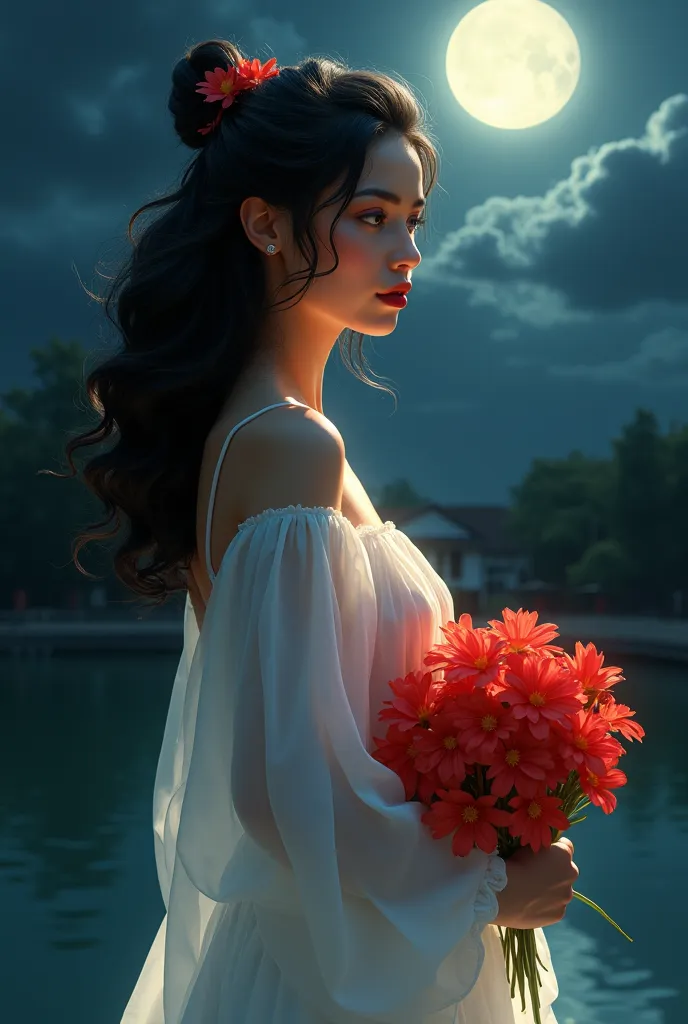 Brazilian white-skinned woman with black eyes curly black hair with hairstyle, red mouth,   long white dress , with bouquet of red flowers in her hands, Night over the moonlight  