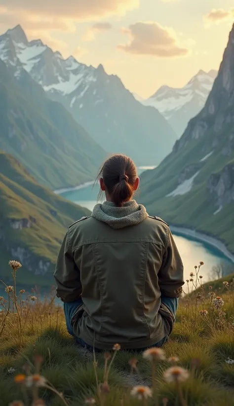 A hyper-realistic depiction of a man sitting on a lush grassy hill with his back to the viewer, gazing at a breathtaking mountainous landscape. He has shoulder-length brown hair tied into a short ponytail and a neatly trimmed beard. He wears a simple yet r...