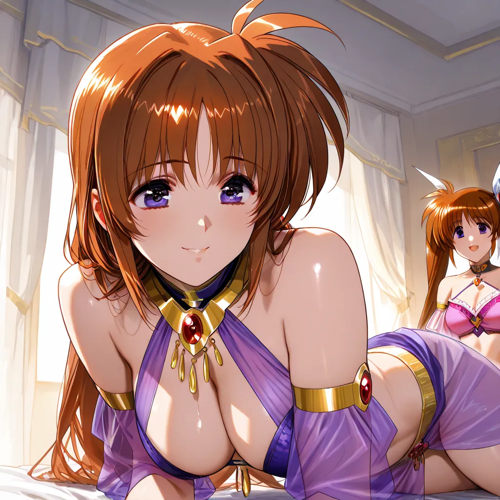 ((highest quality)), ((masterpiece)), (details), （perfect face）、Takamachi Nanoha, who has brown hair with excellent proportions, becomes the mistress of a Saudi Arabian millionaire, wears a gorgeous and sexy see-through harem costume, is dressed with gorge...